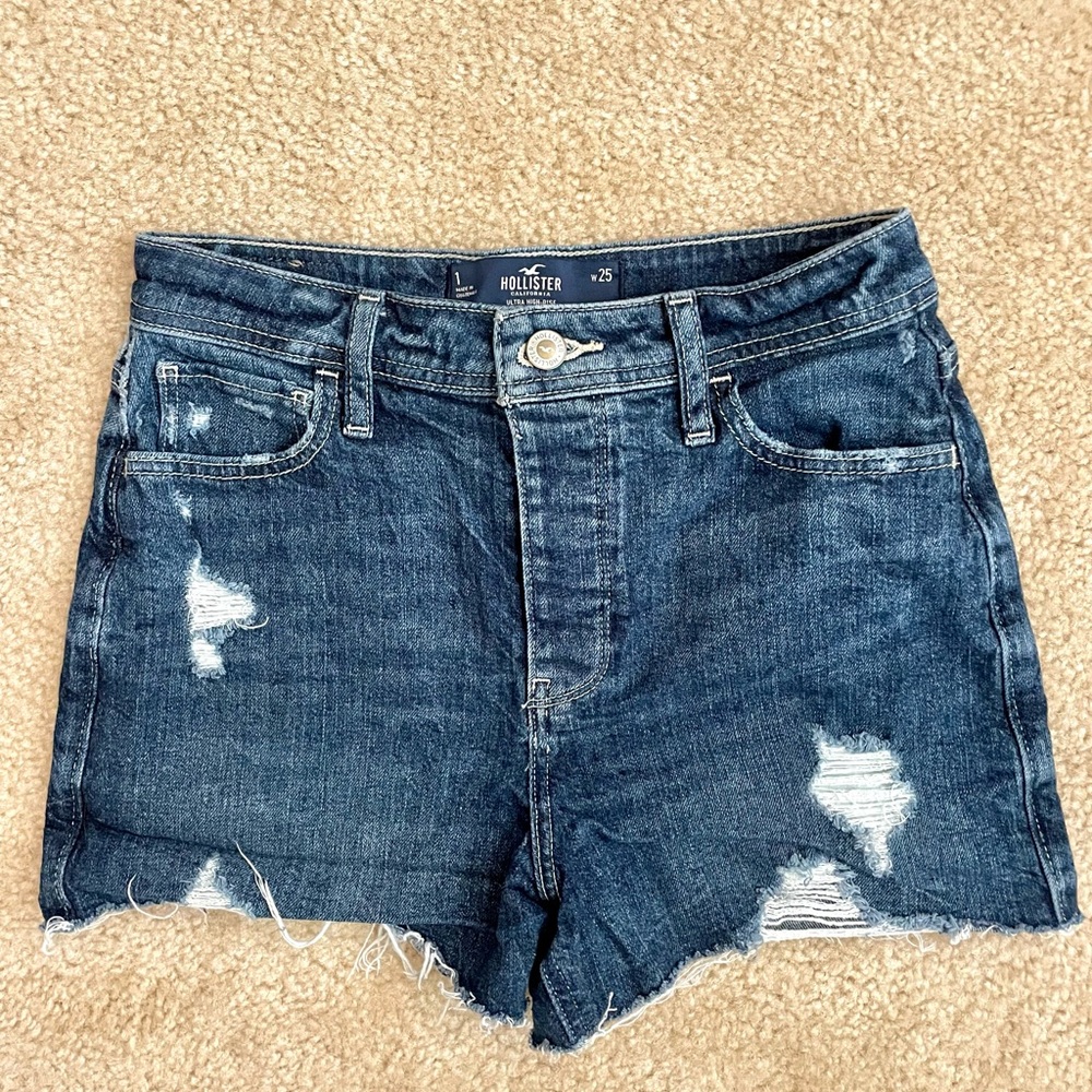 Hollister Women's Distressed Dark Blue Jean Shorts
